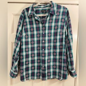 Talbots Cotton Botton Front Shirt - Blue-Green Plaid